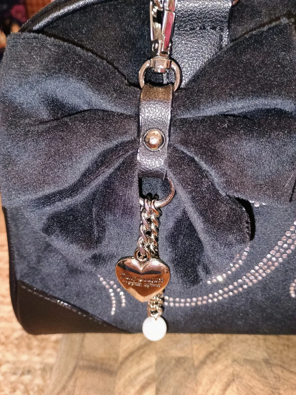 Juicy Couture Black Crystal-Logo Bow Satchel with Pearl Charm